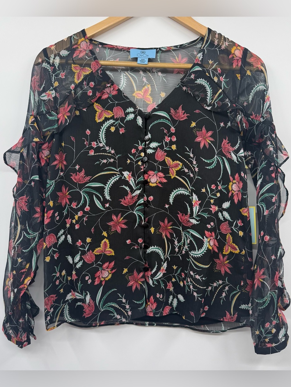 Cece Desert Floral Black Ruffled Sleeve Blouse SZ XXS